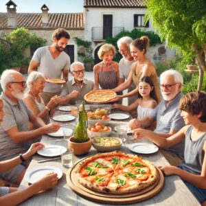 familie diner met pizza