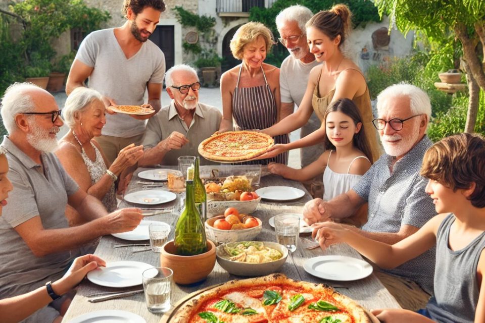 familie diner met pizza
